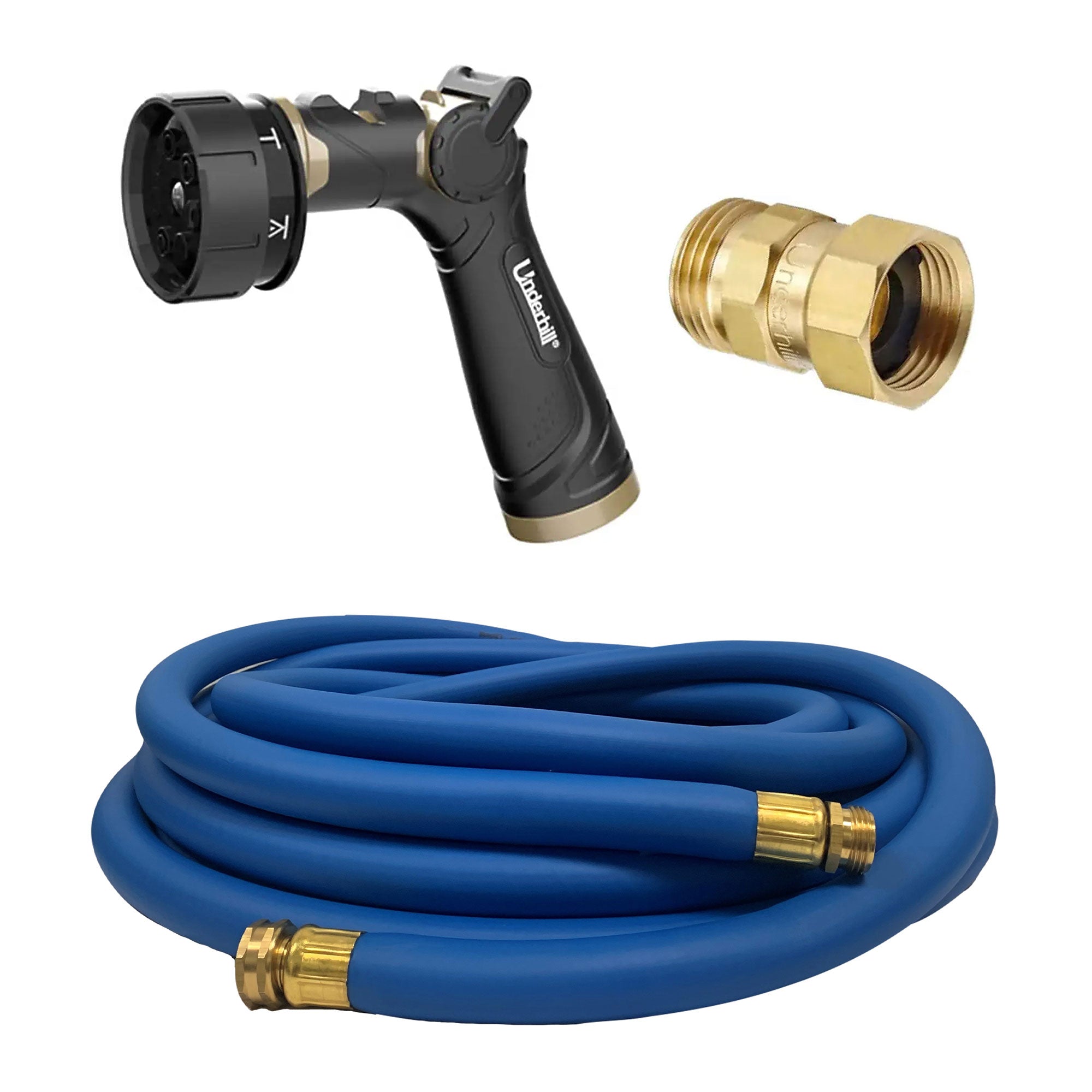 Underhill Twist-Ease Kink Eliminator + 7 Spray Nozzle + 50 Ft Garden Hose, Blue