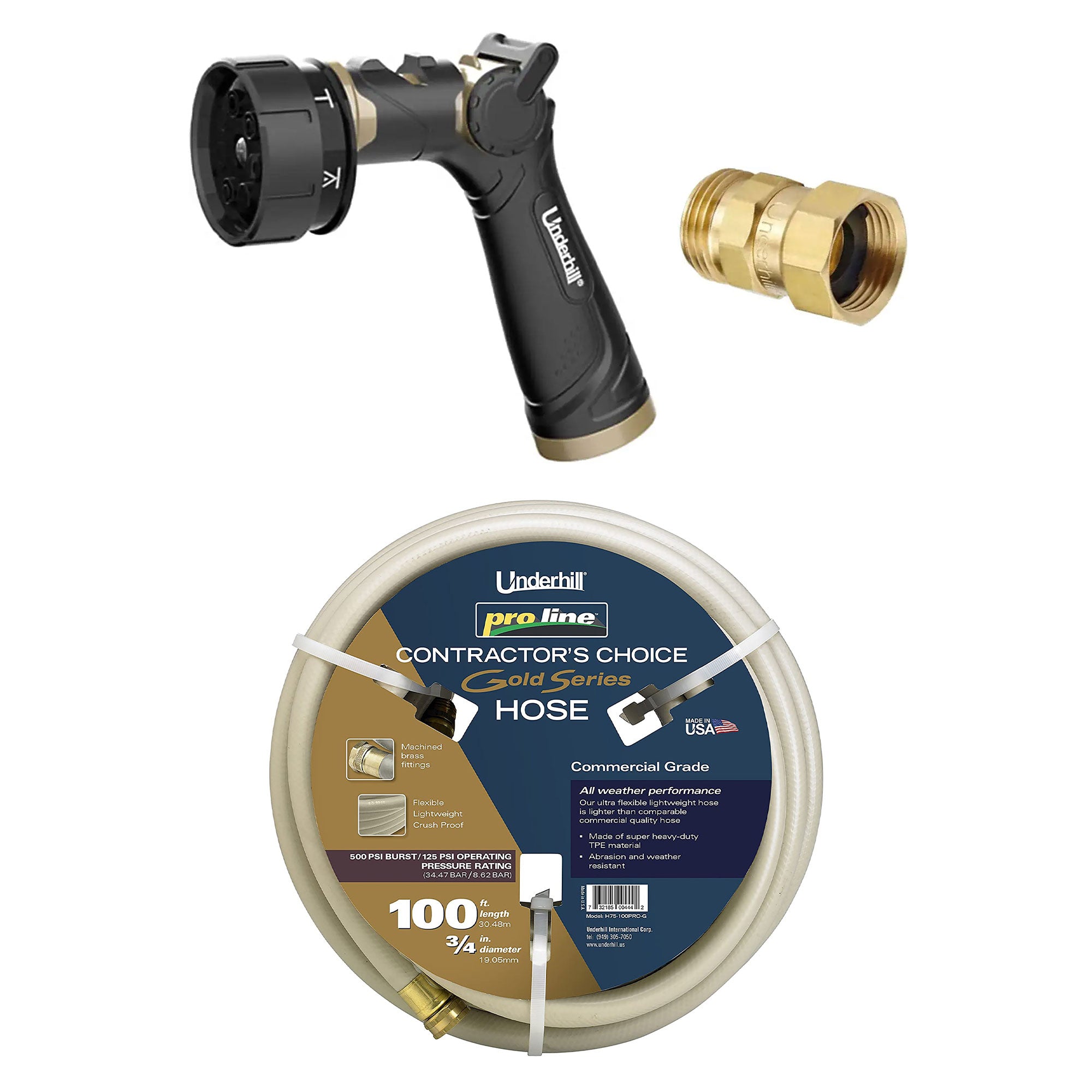 Underhill Twist-Ease Kink Eliminator + 7 Spray Nozzle + Gold Series Garden Hose