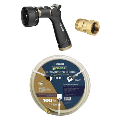 Underhill Twist-Ease Kink Eliminator + 7 Spray Nozzle + Gold Series Garden Hose