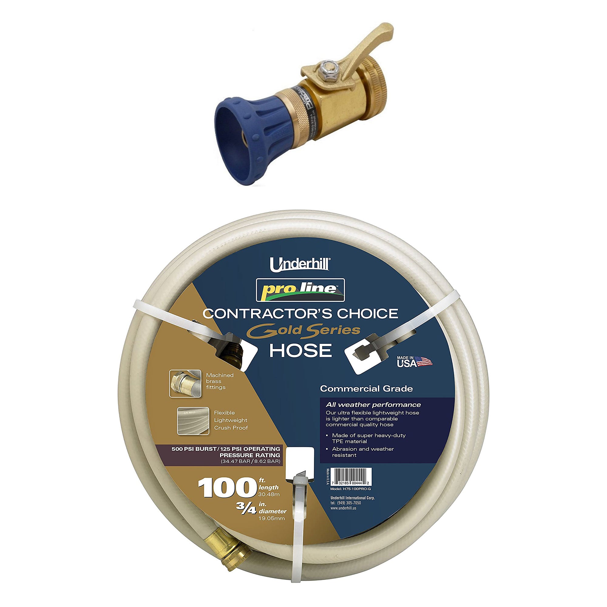 Underhill Proline 100' Garden Hose, Gold & Precision Cloudburst Hose End Nozzle
