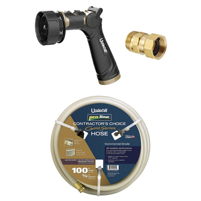 Underhill Twist-Ease Kink Eliminator + 7 Spray Nozzle + 100 Foot Garden Hose