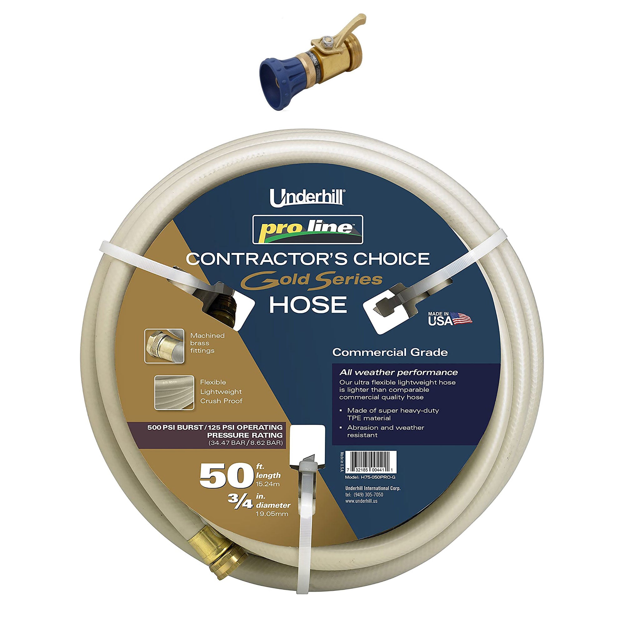 Underhill Proline 50' Garden Hose, Gold & Precision Cloudburst Hose End Nozzle