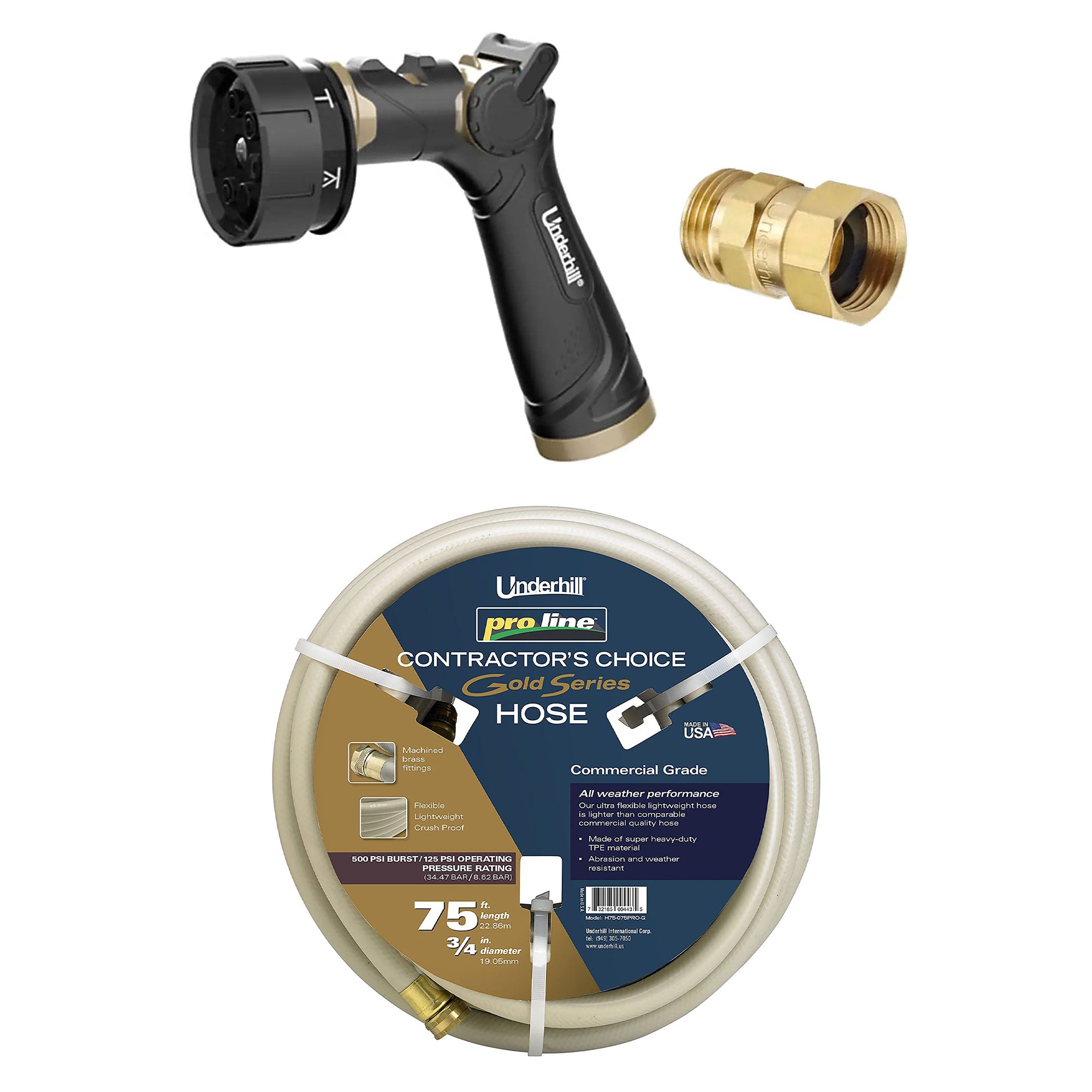 Underhill Twist-Ease Kink Eliminator + 7 Spray Nozzle + 75 Foot Garden Hose