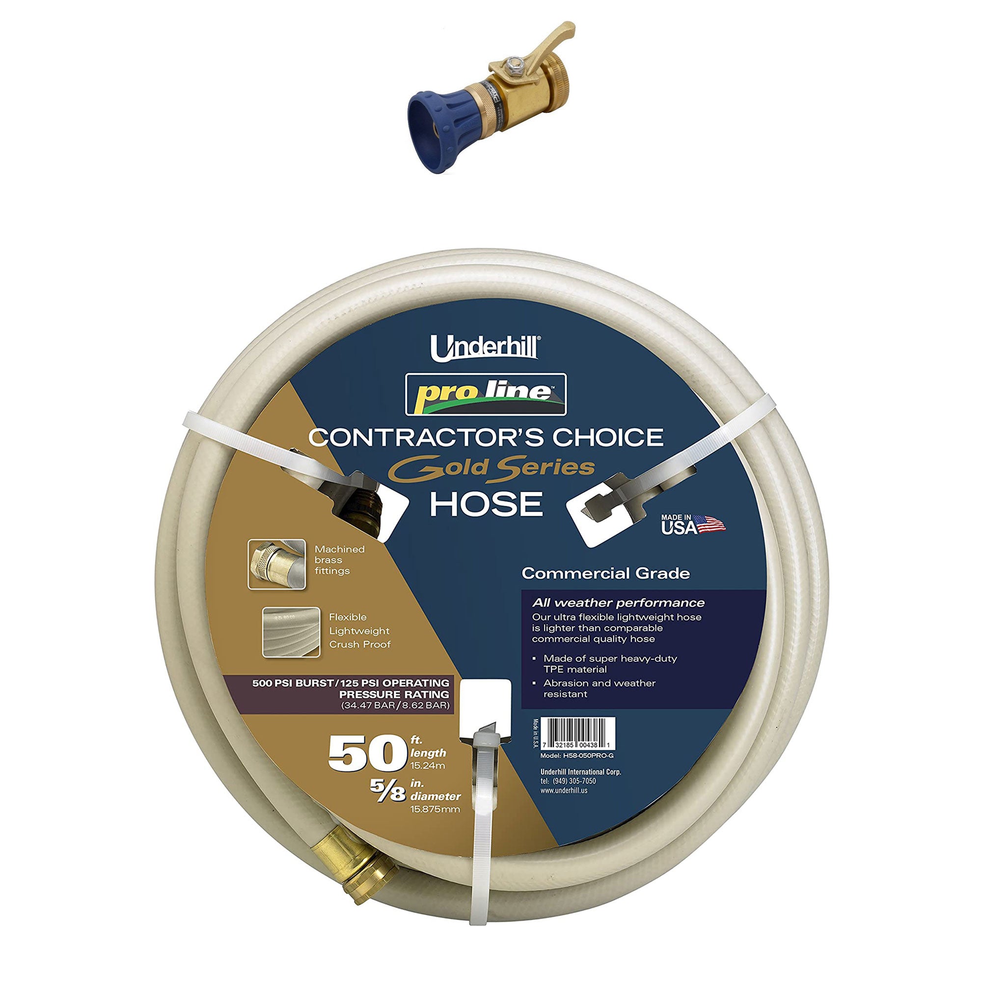 Underhill Proline 50' Garden Hose, Gold & Precision Cloudburst Hose End Nozzle