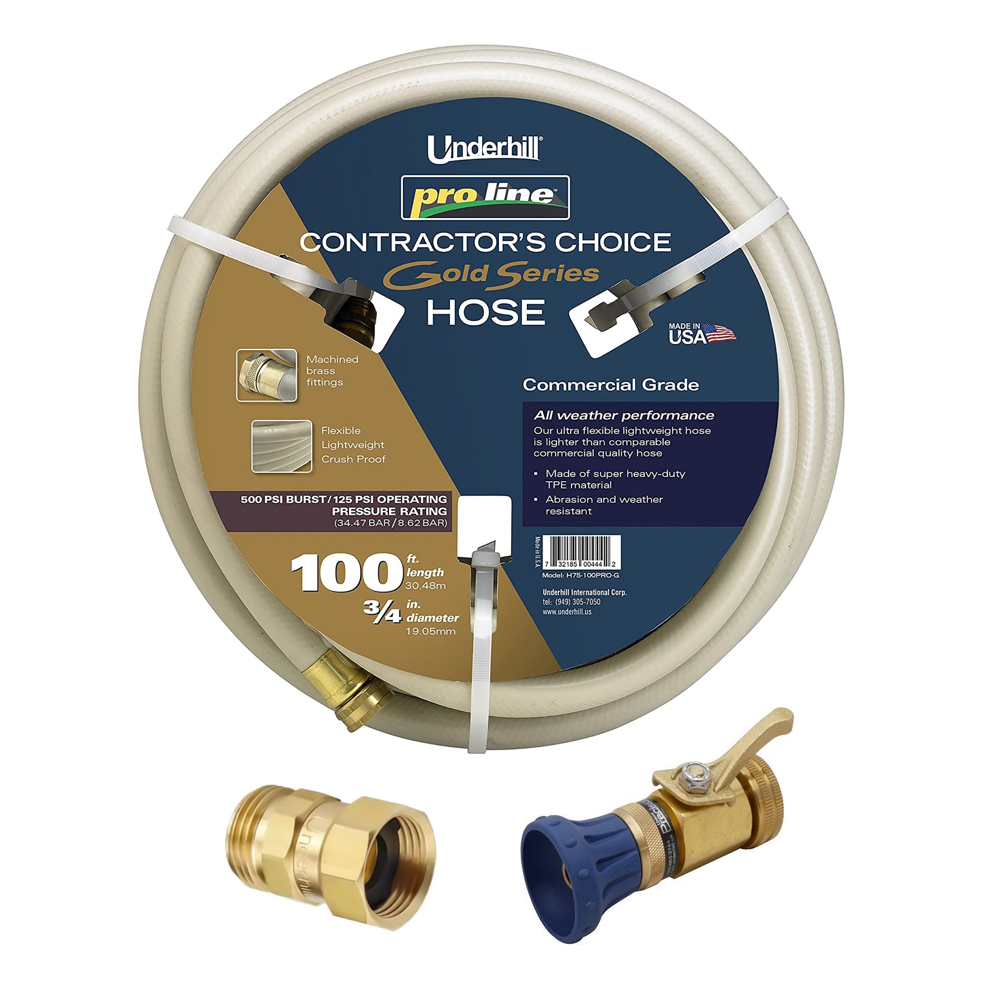 Underhill ProLine Gold Series 100ft Garden Hose w/ Metal Nozzle & Nozzle Adapter