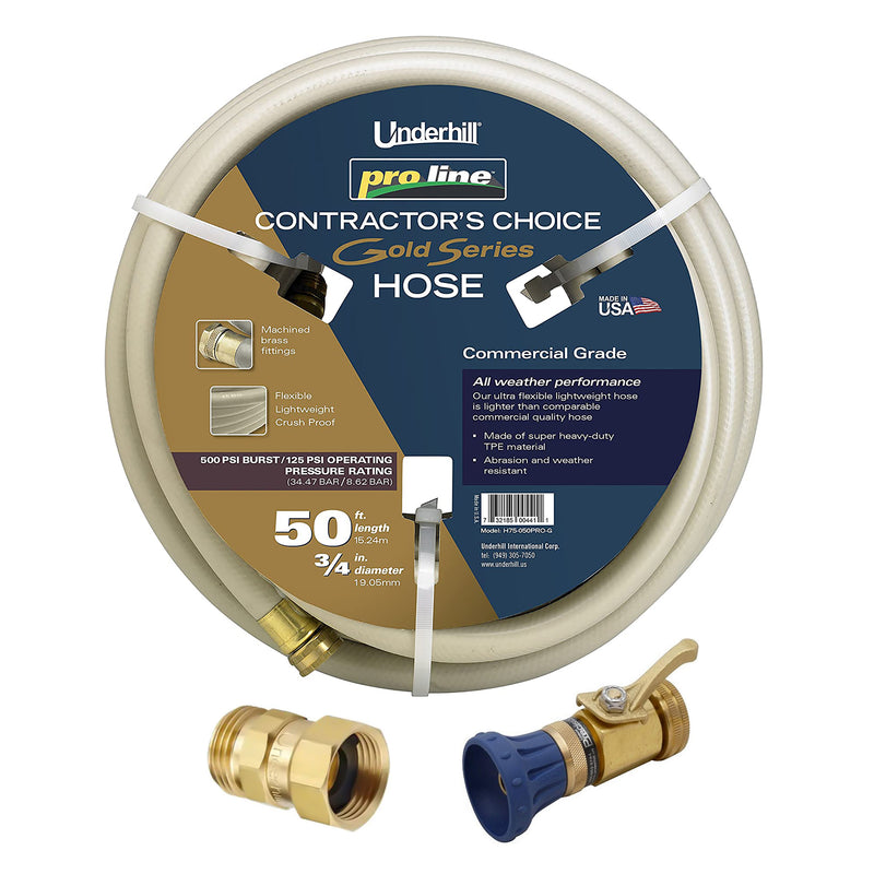 Underhill ProLine Gold Series 50 Ft Garden Hose w/ Metal Nozzle & Nozzle Adapter