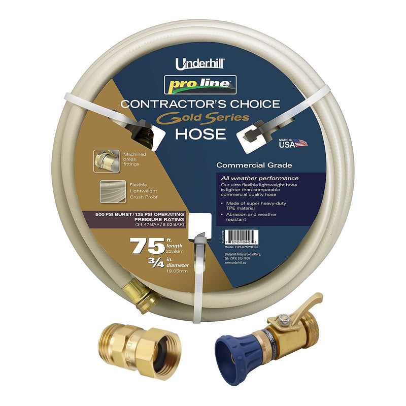 Underhill ProLine Gold Series 75 Ft Garden Hose w/ Metal Nozzle & Nozzle Adapter