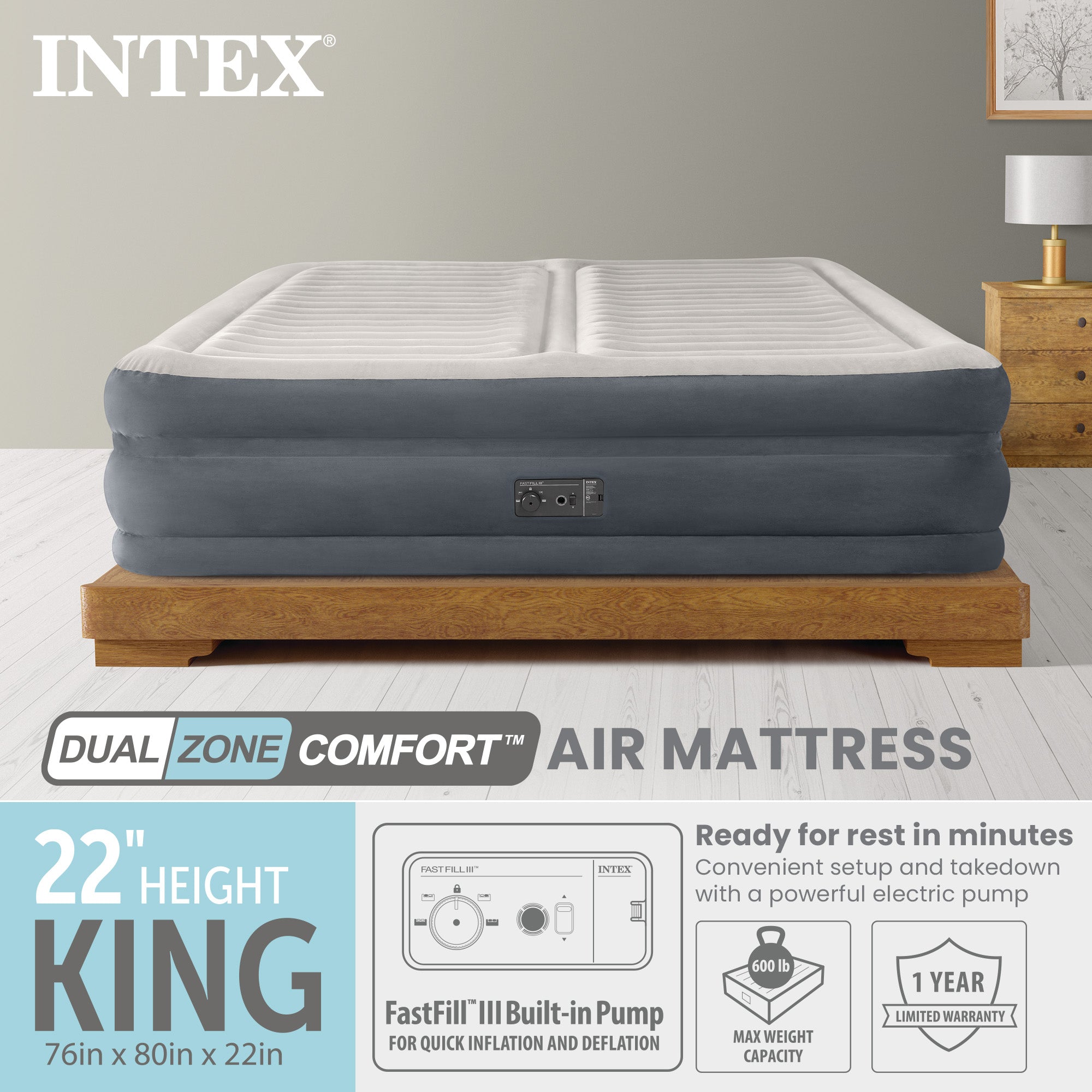 Intex 64953E Deluxe Dual Zone 22" King Sized Air Mattress with Built In Air Pump