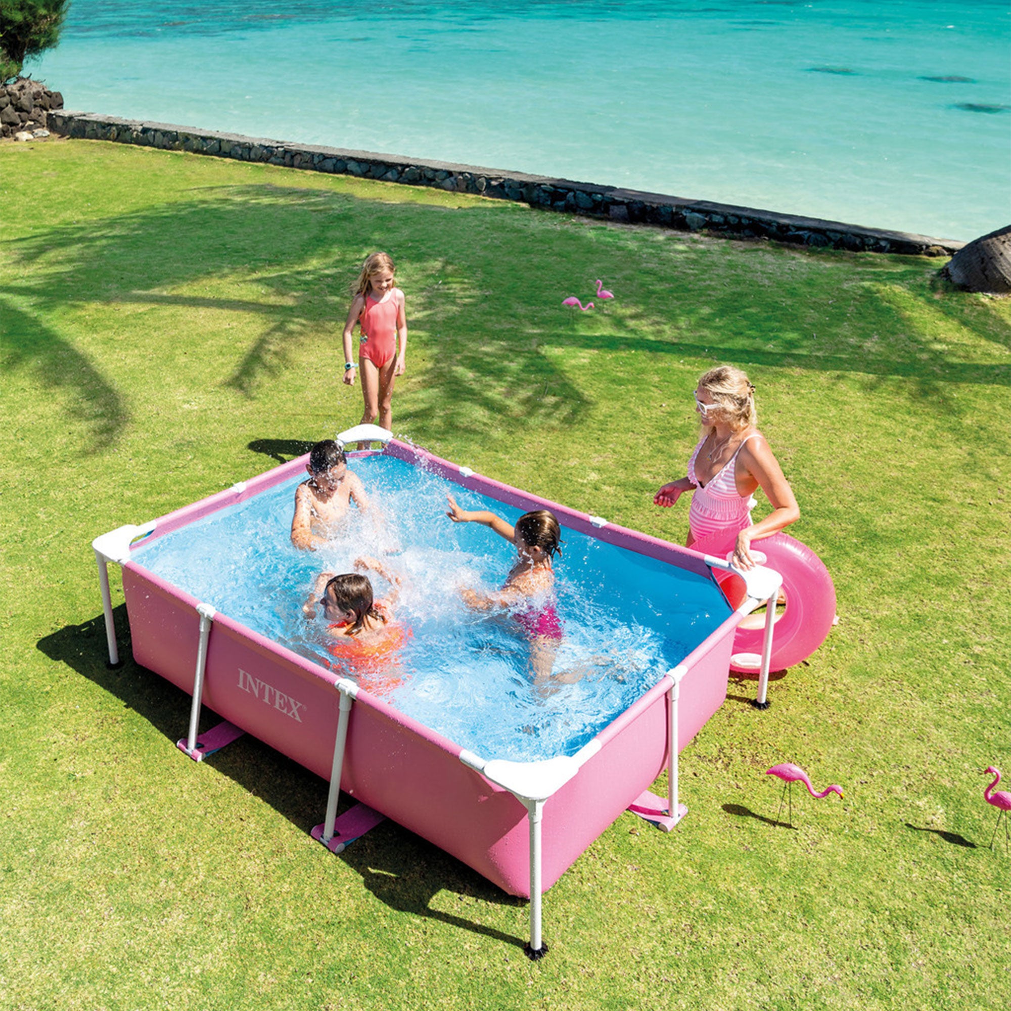 Intex 7' x 5' x 23.5" Metal Frame Above Ground Pool with Rectangular Cover, Pink