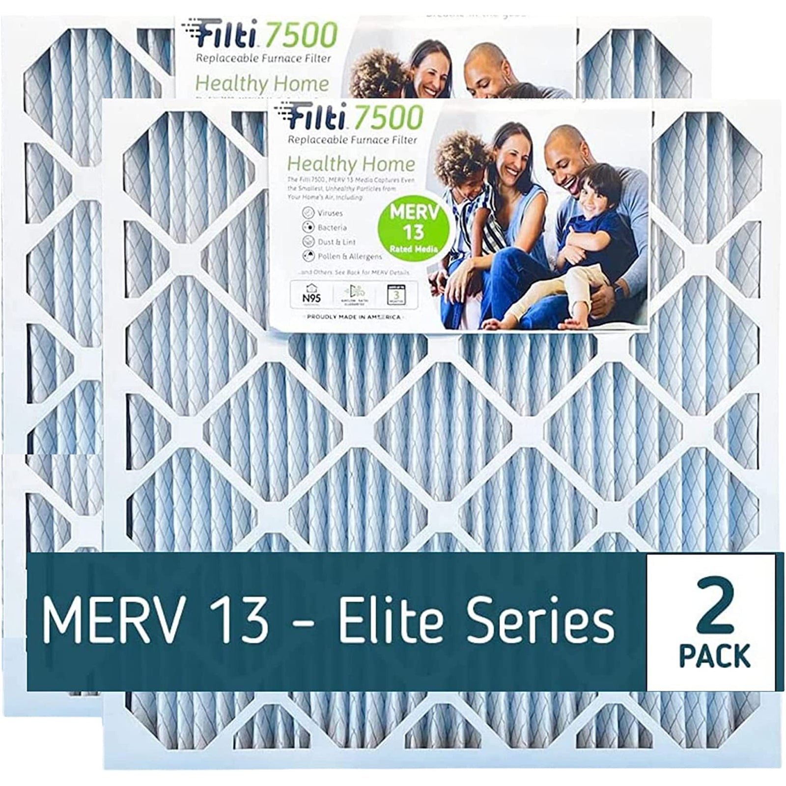 Filti 7500 Pleated Home HVAC Furnace 20 x 25 x 5 MERV 13 Air Filter (2 Pack) - VMInnovations
