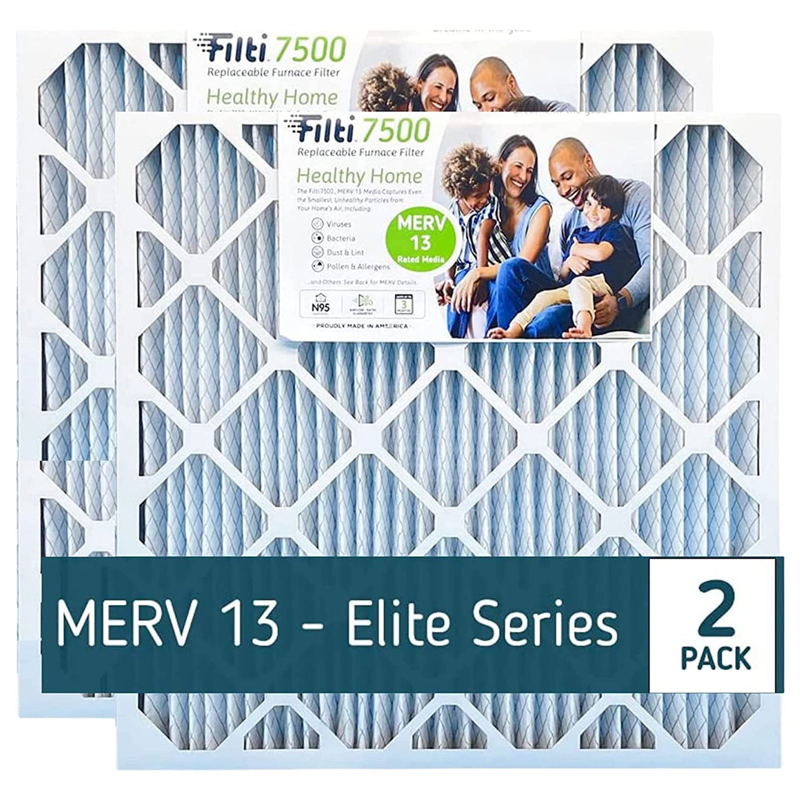 Filti 7500 Pleated Home HVAC Furnace 16 x 25 x 5 MERV 13 Air Filter (2 Pack) - VMInnovations