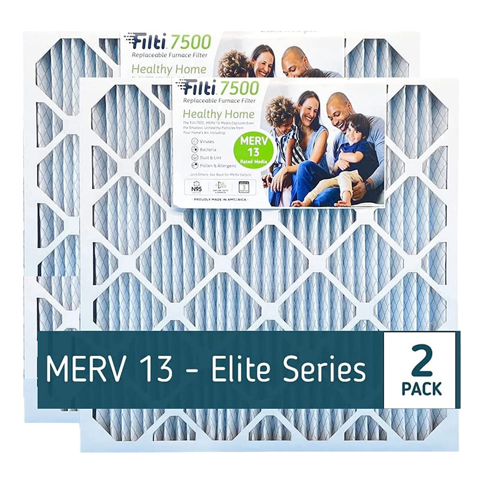 Filti 7500 Pleated Home HVAC Furnace 20 x 25 x 4 MERV 13 Air Filter (2 Pack) - VMInnovations