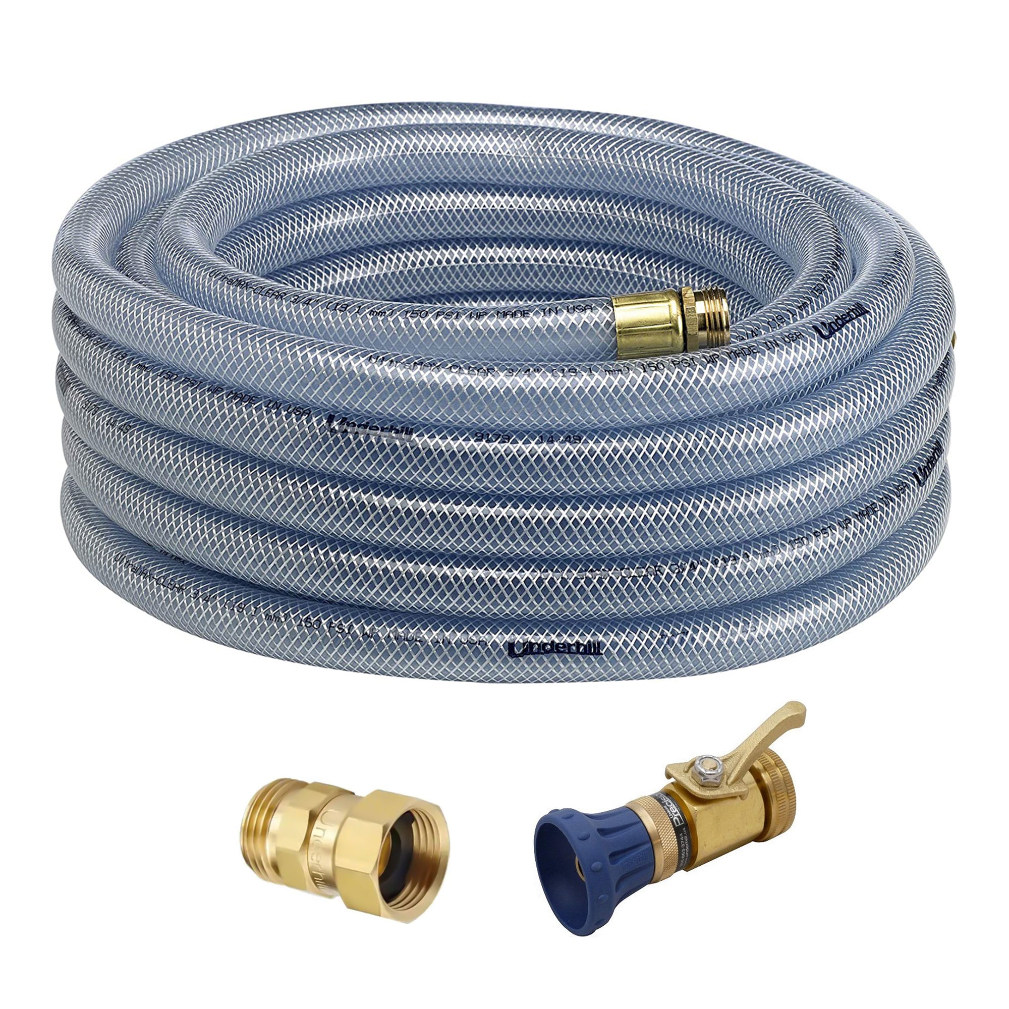 Underhill 50 Ft Clear Water Hose w/ Precision Cloudburst Nozzle & Hose Adapter