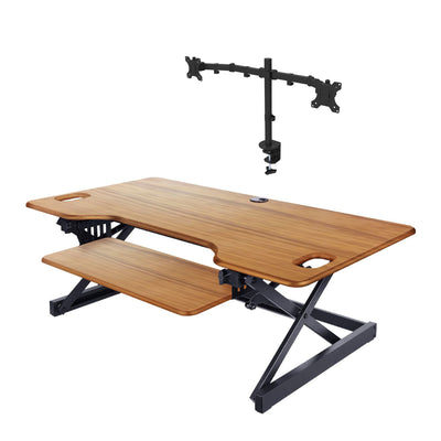 Rocelco 46 In Standing Desk Converter, Teak & Adjustable Dual Monitor Desk Mount - VMInnovations