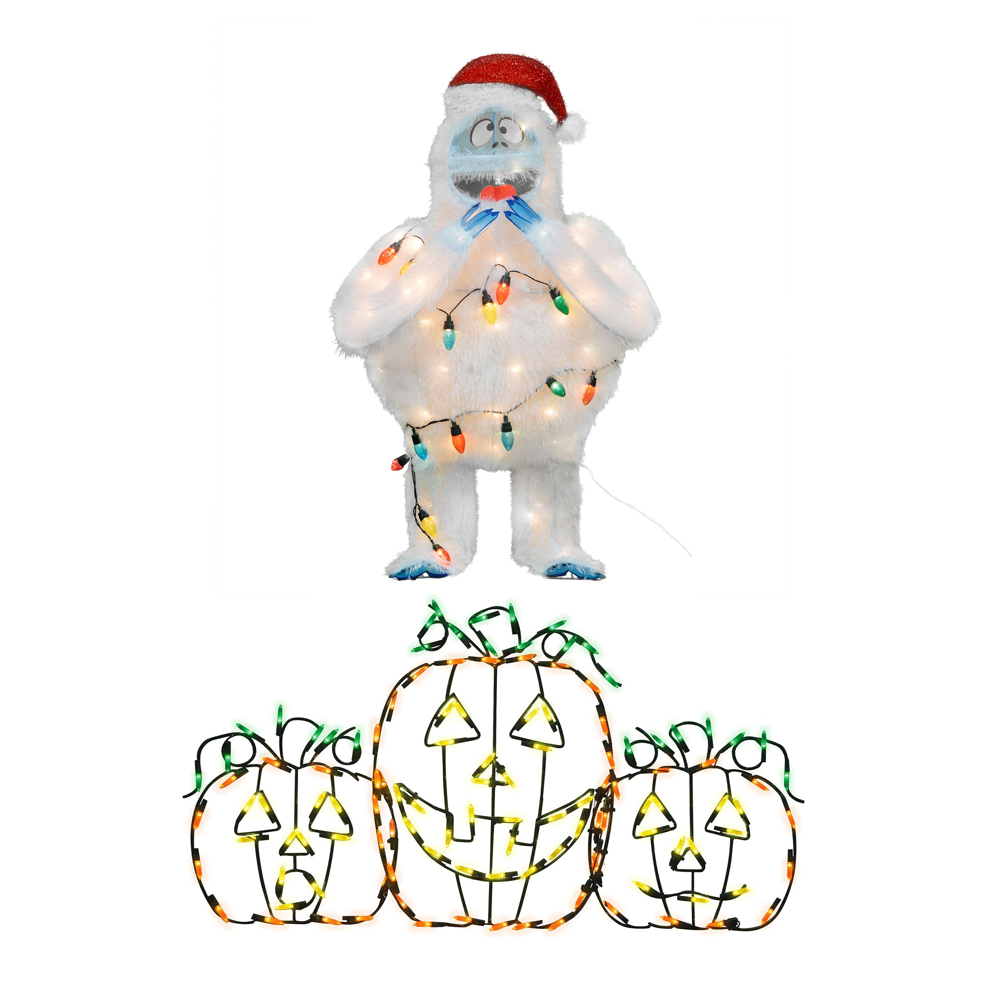 ProductWorks Jack-O-Lantern Yard Decoration + Bumble Snowman Prelit Yard Decor