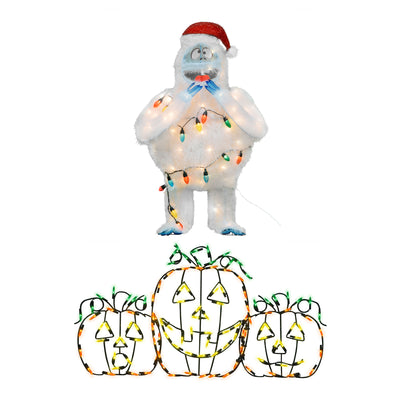 ProductWorks Jack-O-Lantern Yard Decoration + Bumble Snowman Prelit Yard Decor