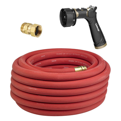 Underhill 75 Ft Red Water Hose with Master Gold 7 Spray Nozzle & Hose Adapter