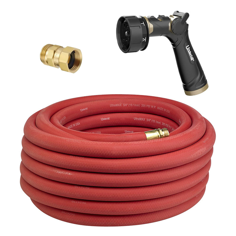 Underhill 75 Ft Red Water Hose with Master Gold 7 Spray Nozzle & Hose Adapter