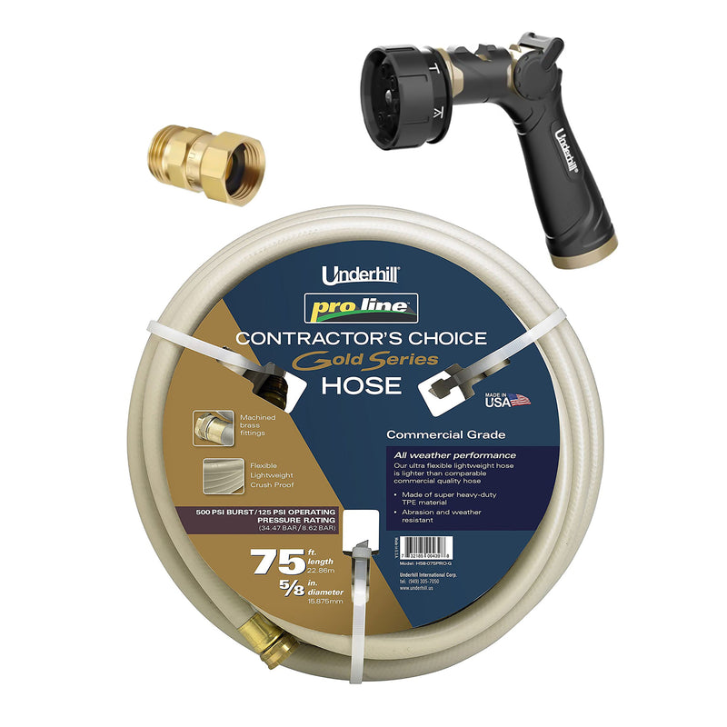 Underhill Proline 75 Ft Gold Series Water Hose w/ 7 Spray Nozzle & Hose Adapter