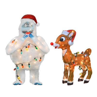 ProductWorks 24" Rudolph & 32" Bumble Snowman w/ Santa Hat Pre Lit Holiday Decor