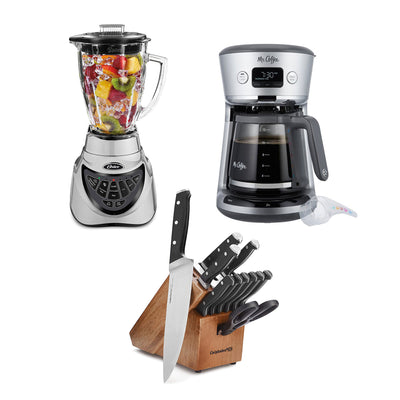 Mr. Coffee Easy Measure Coffee Maker, Oster Blender, and Calphalon 12 Knife Set