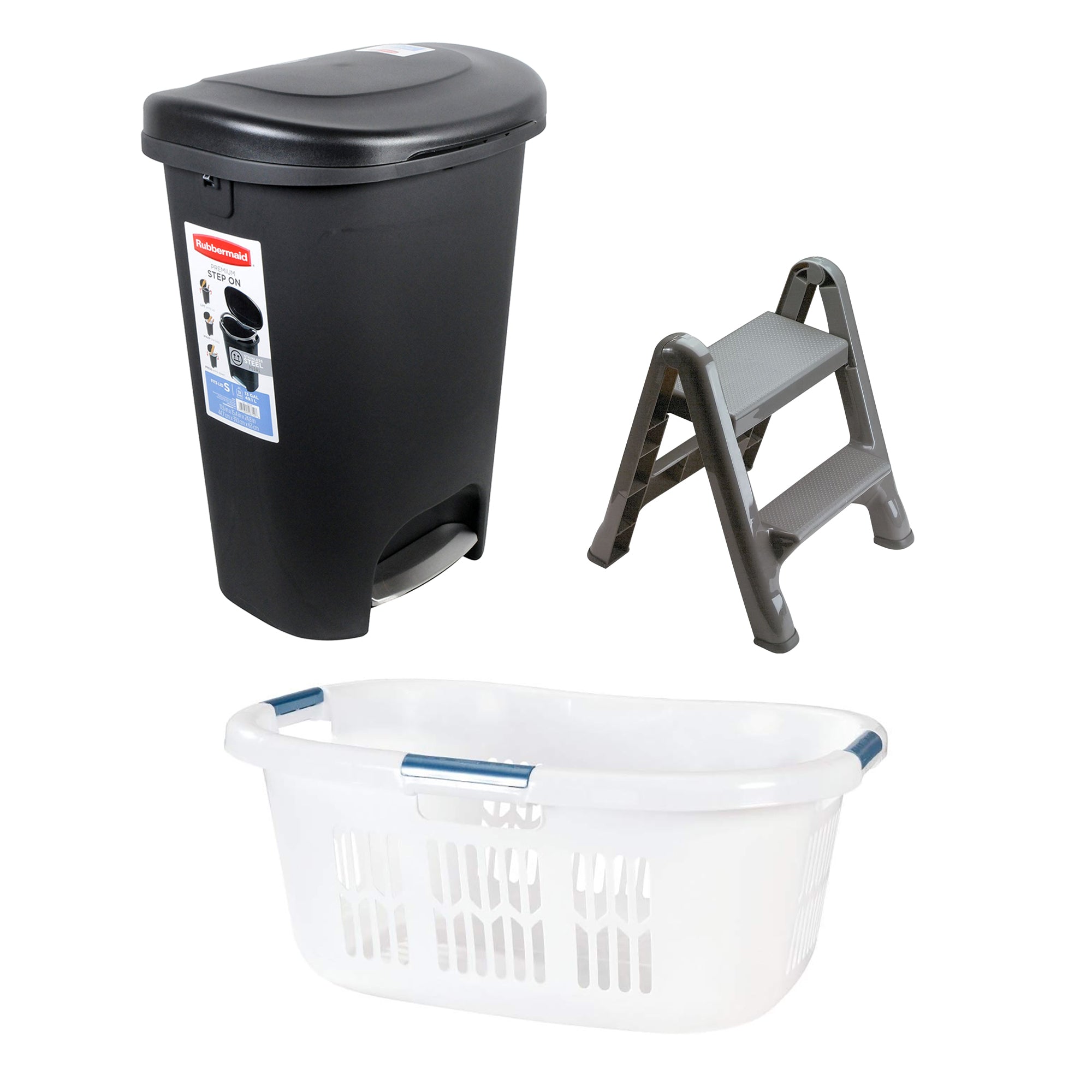 Rubbermaid Laundry Basket, White, 2-Step Stool, Gray, & 13 Gal Trash Can, Black