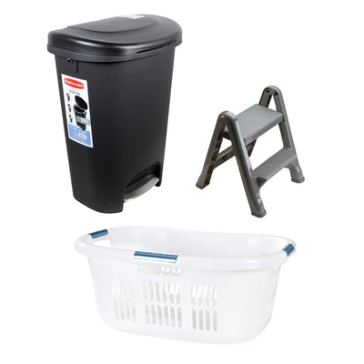 Rubbermaid Laundry Basket, White, 2-Step Stool, Gray, & 13 Gal Trash Can, Black