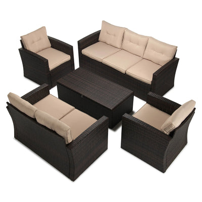JYED DECOR 5pc Wicker Outdoor Patio Conversation Sofa Couch Furniture Set, Beige