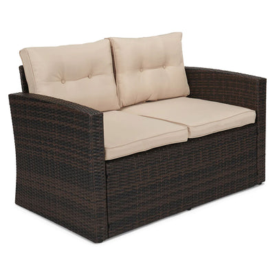 JYED DECOR 5pc Wicker Outdoor Patio Conversation Sofa Couch Furniture Set, Beige