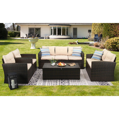 JYED DECOR 5pc Wicker Outdoor Patio Conversation Sofa Couch Furniture Set, Beige