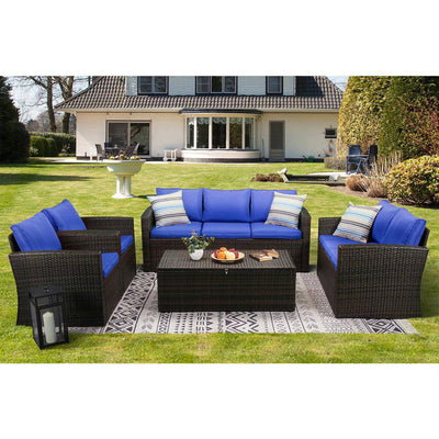 JYED DECOR 5pc Wicker Outdoor Patio Conversation Sofa Couch Furniture Set, Blue