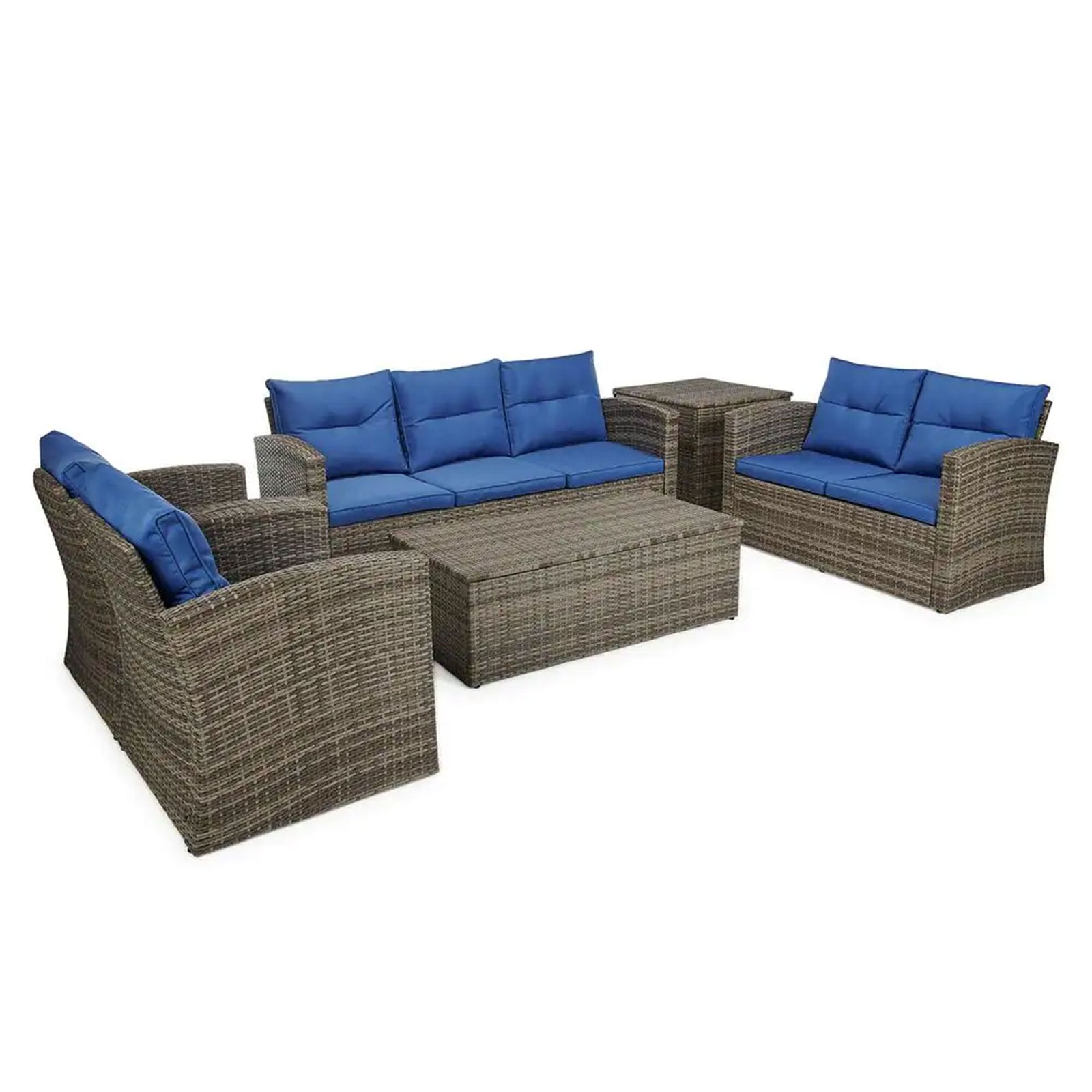 Edyo Living 6-Piece Gray Wicker Patio Furniture Conversation Seating Set, Blue - VMInnovations