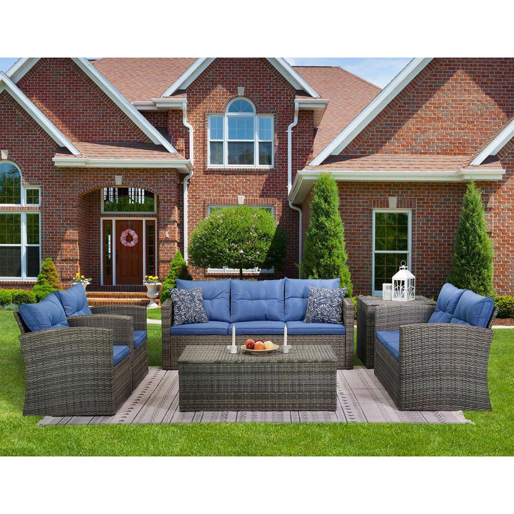 Edyo Living 6-Piece Gray Wicker Patio Furniture Conversation Seating Set, Blue - VMInnovations