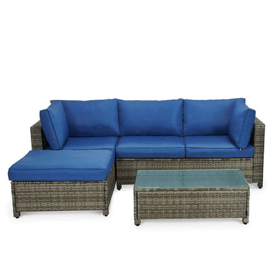 Edyo Living 3-Piece Wicker Modular Patio Furniture Sectional Seating Set, Blue