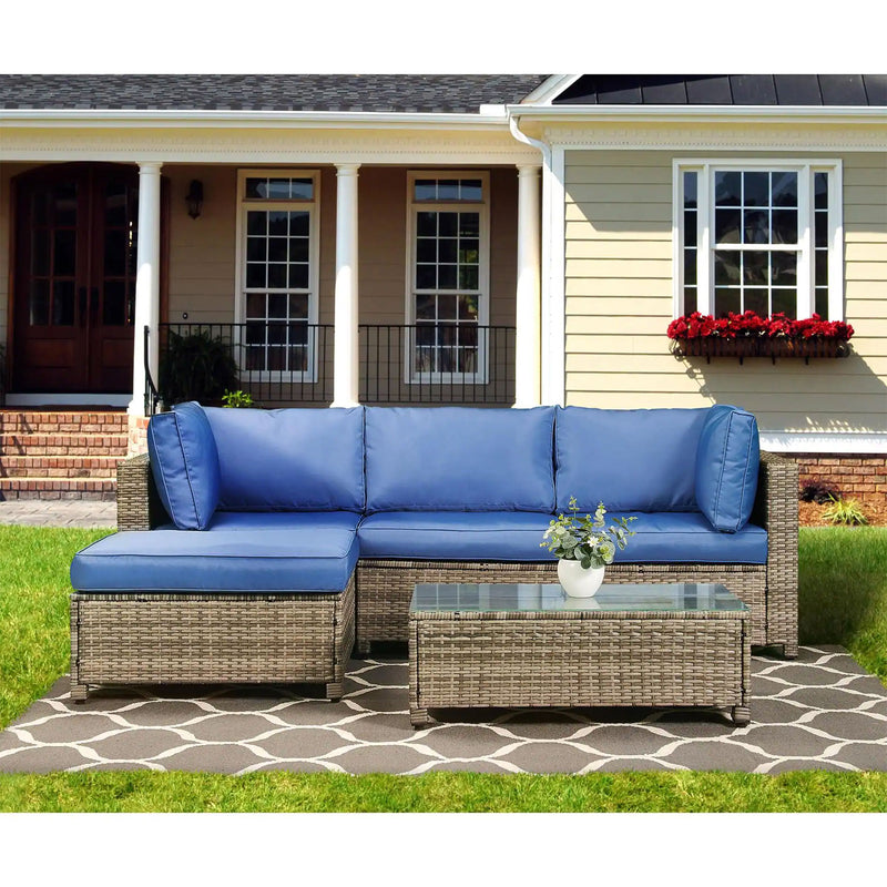 Edyo Living 3-Piece Wicker Modular Patio Furniture Sectional Seating Set, Blue