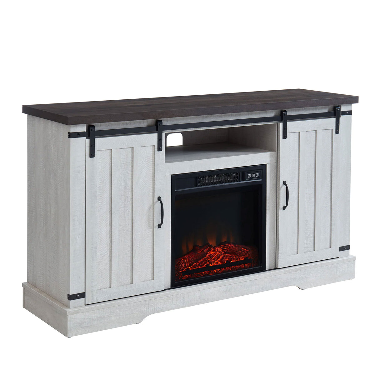 JYED DECOR Sliding Barn Door Electric Fireplace TV Stand Media Console, White