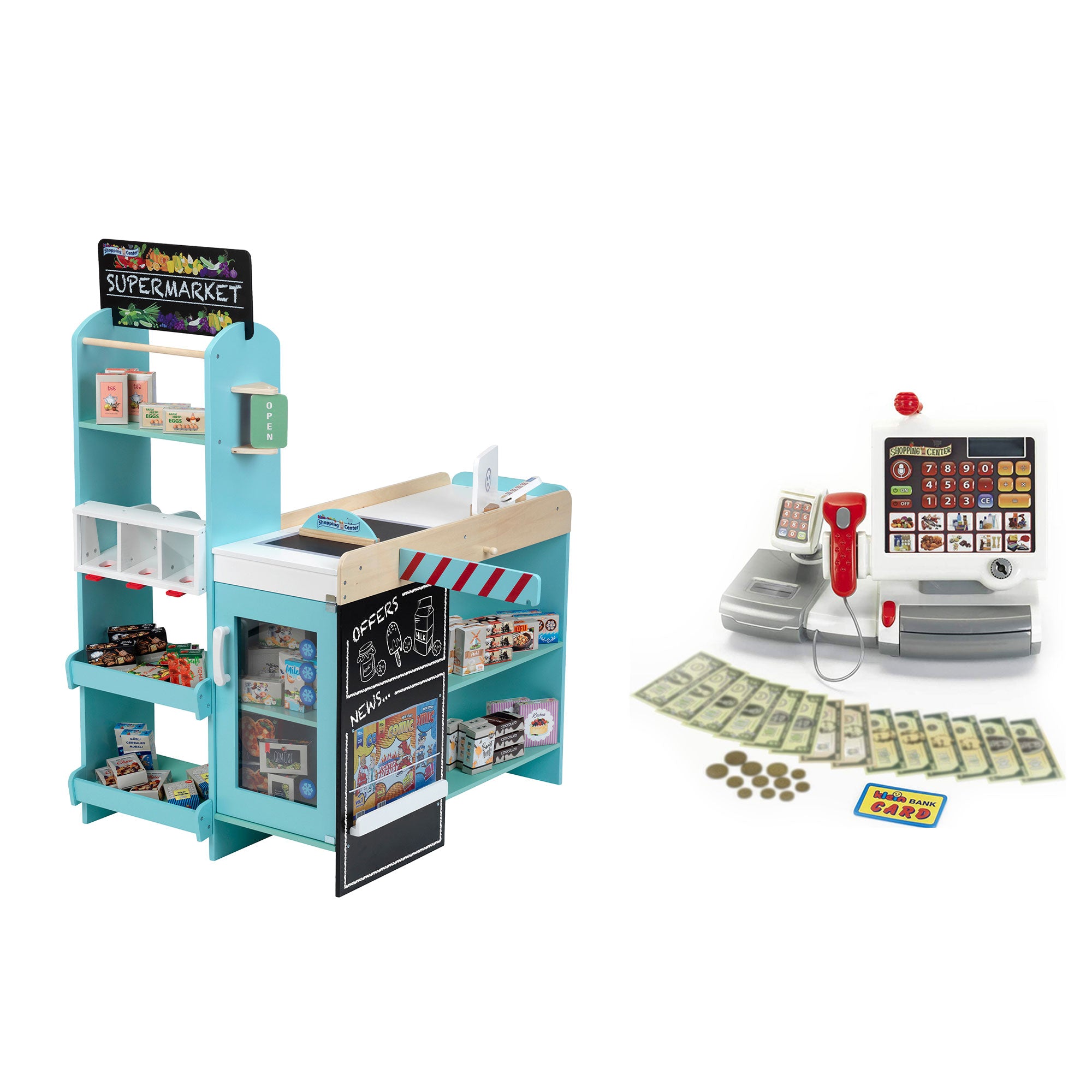 Theo Klein Wooden Supermarket Playset & Grocery Store Cash Register w/ Currency