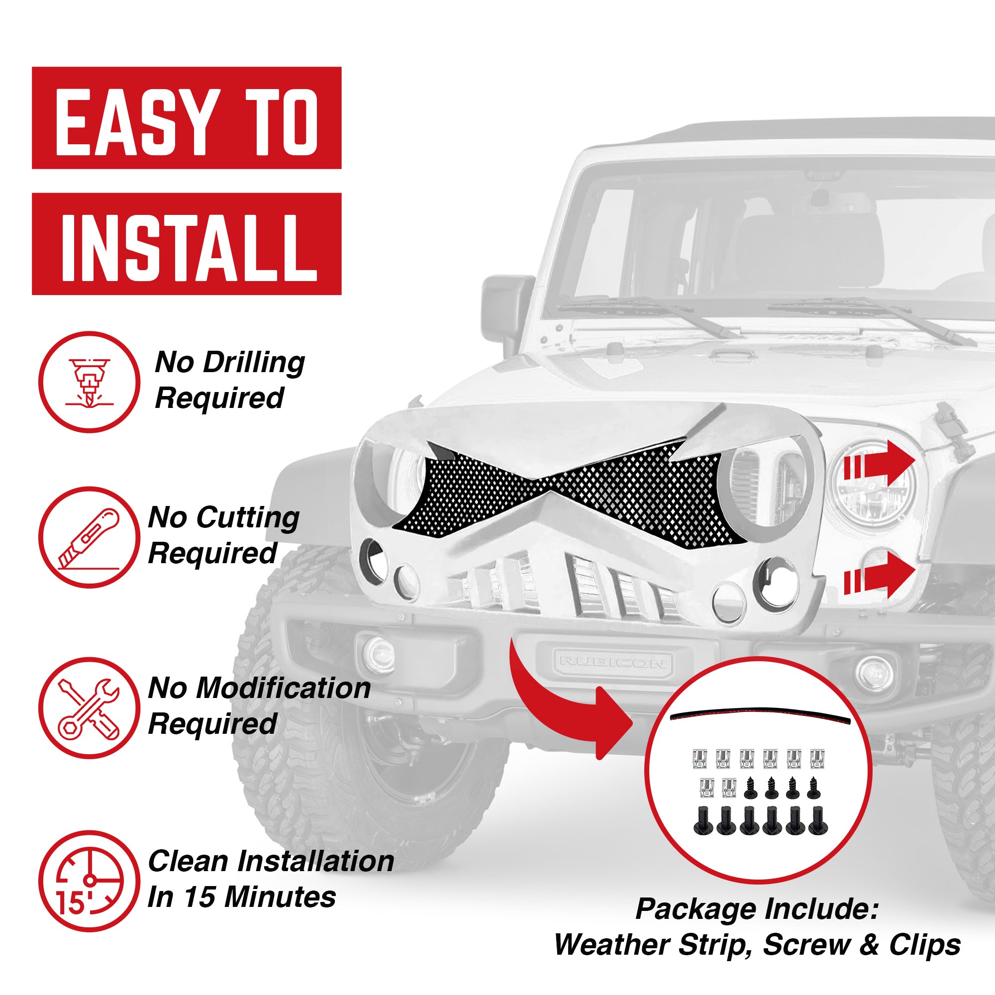 AMERICAN Front Hawke Grille Compatible with 2007-2018 Jeep Wrangler JK(Open Box) - VMInnovations