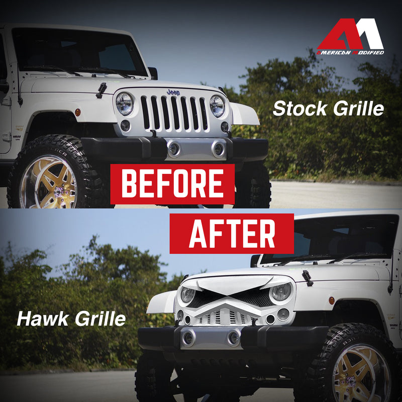 AMERICAN MODIFIED Front Hawke Grille Compatible with 2007-2018 Jeep Wrangler JK