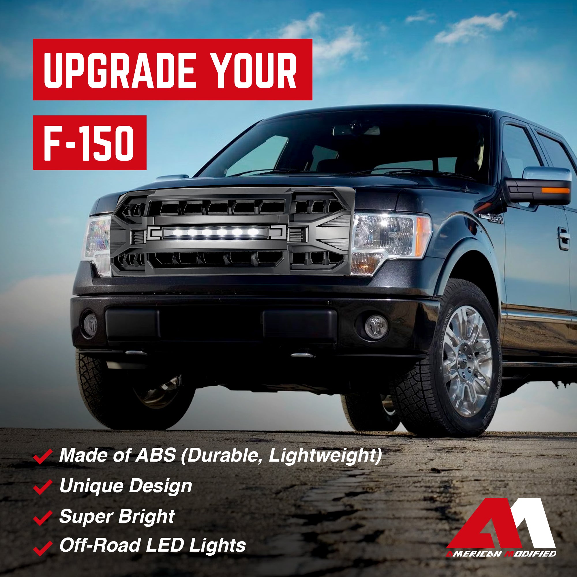 AMERICAN MODIFIED Armor Grille w/Off Road Lights for 09-14 Ford F150 (Open Box) - VMInnovations
