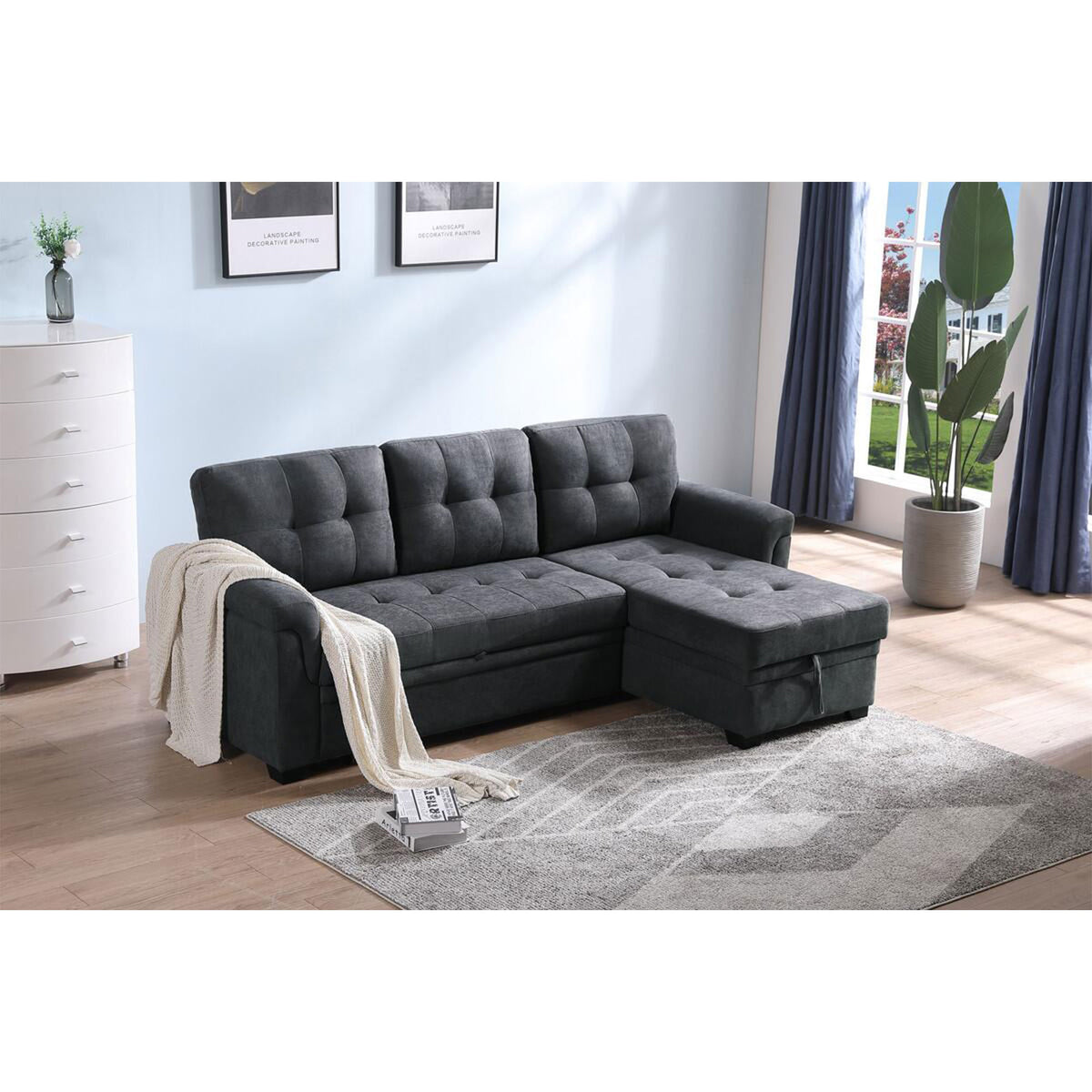 Lilola Home Lucca Performance Leather Sectional Sleeper Sofa w/Storage, Charcoal