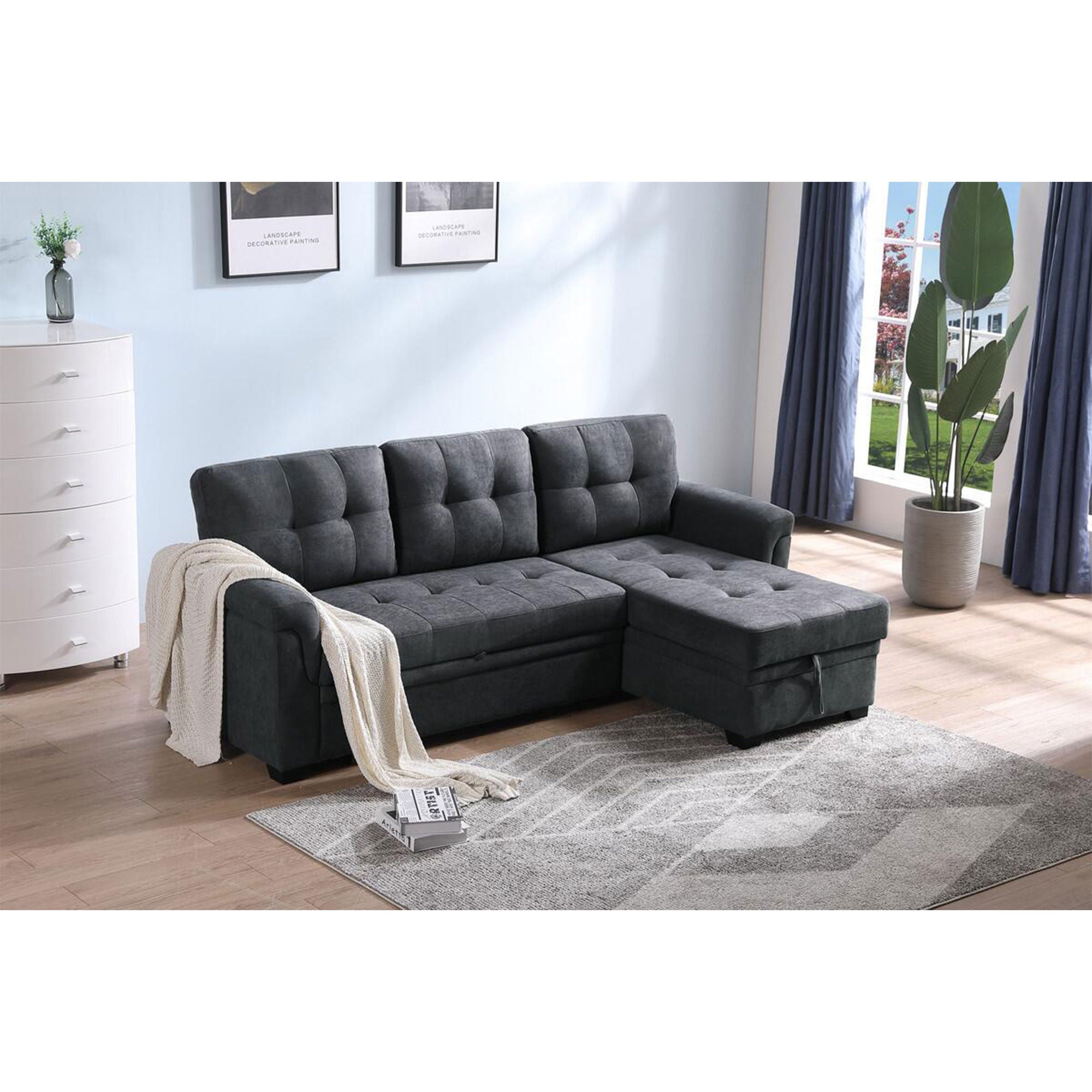 Lilola Home Lucca Performance Leather Sectional Sleeper Sofa w/Storage, Charcoal