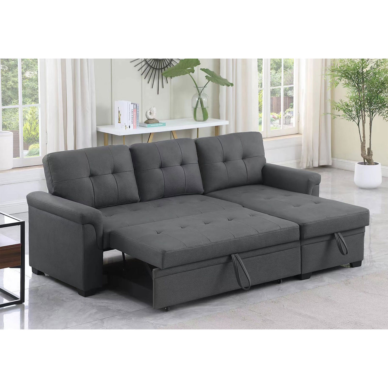Lilola Home Performance Leather Sectional Sleeper Sofa with Storage, Gray (Used) - VMInnovations