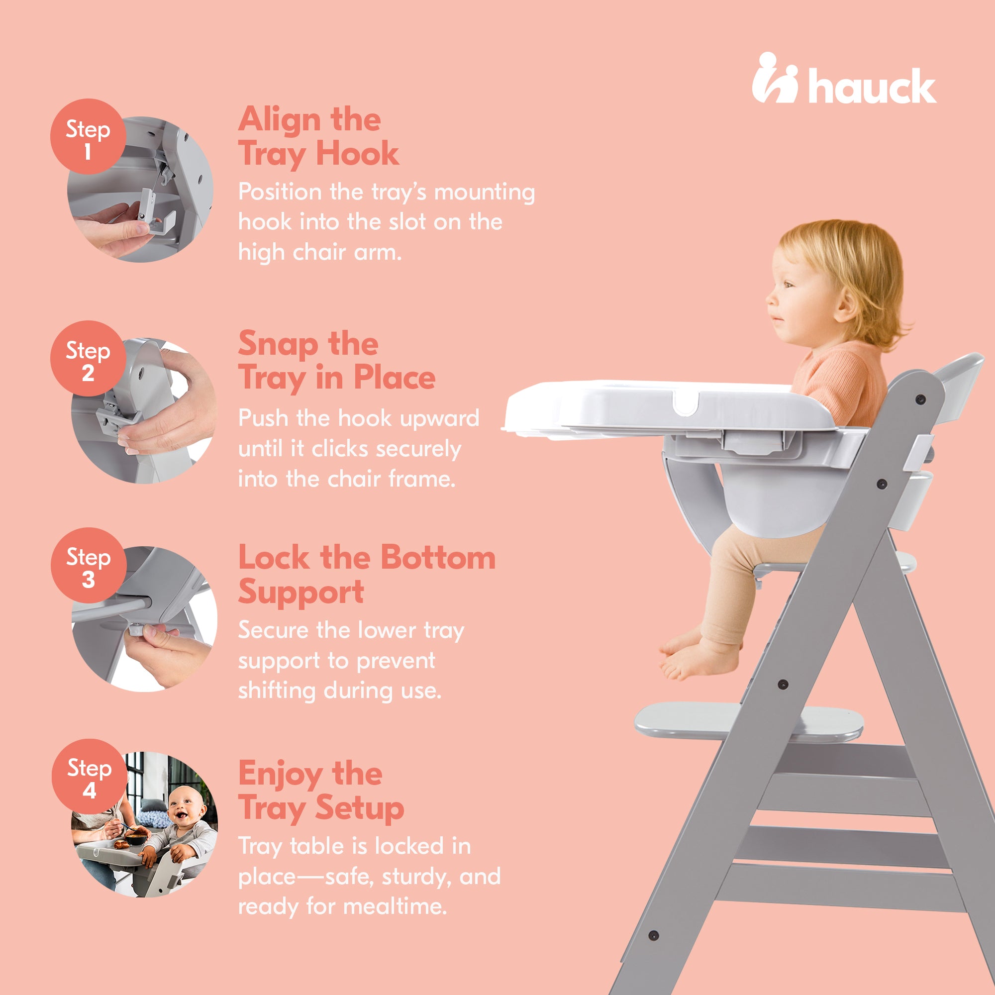 hauck Alpha+ Adjustable Booster High Chair and High Chair Tray Table, White