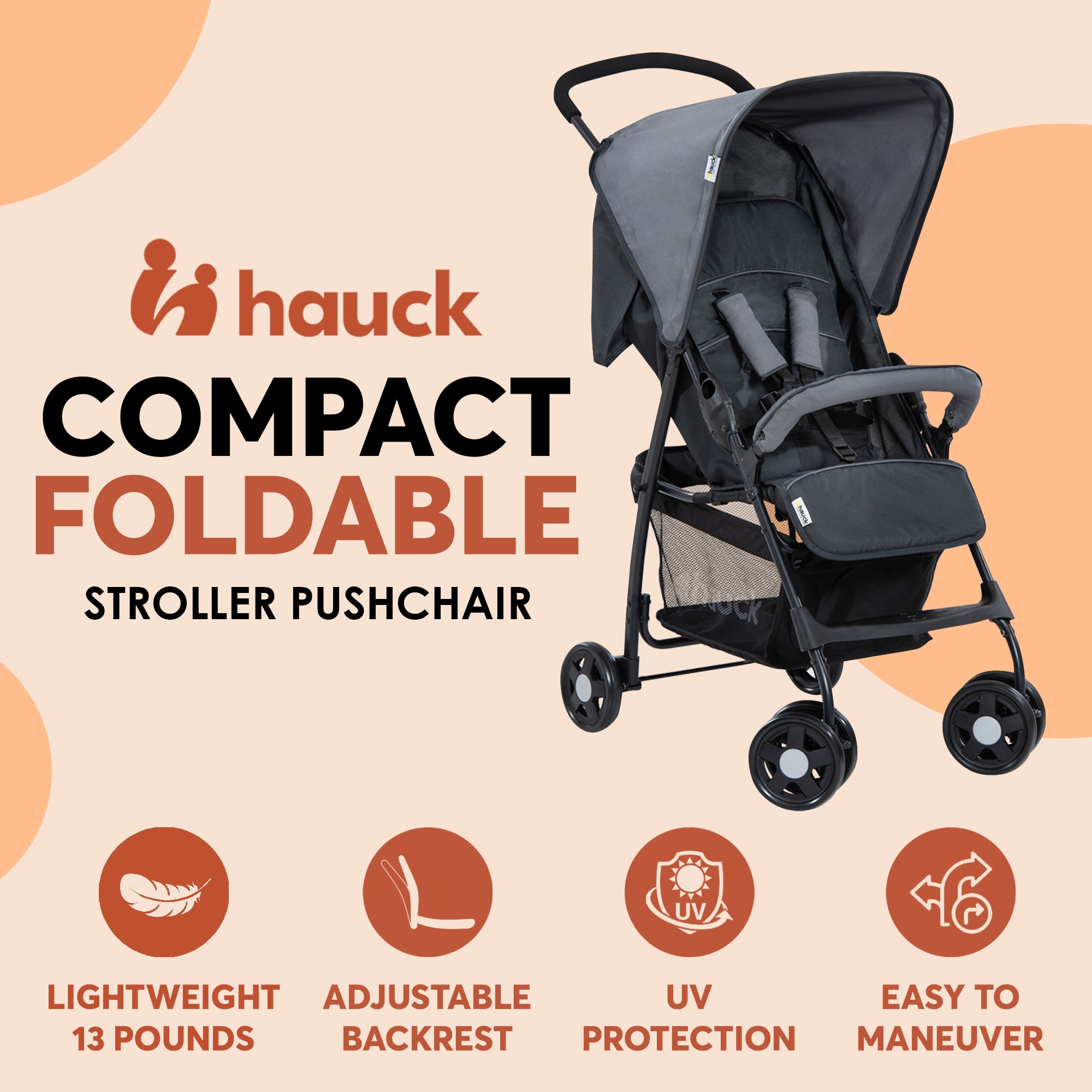 hauck Sport T13 Lightweight Foldable Stroller Pushchair, Charcoal Stone (Used)