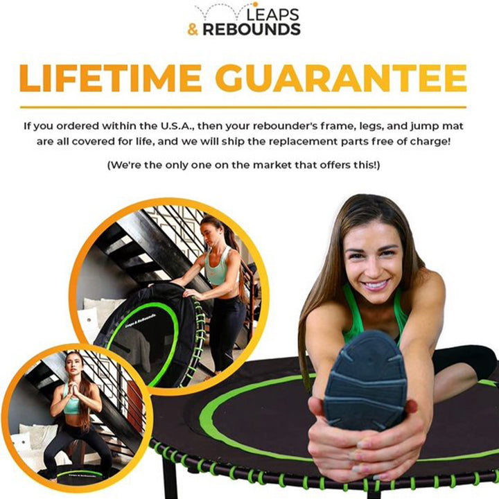 LEAPS & REBOUNDS 48-Inch Mini Fitness Trampoline and Rebounder with Safety Bungee, Gym Equipment for Cardio and Workouts – Green