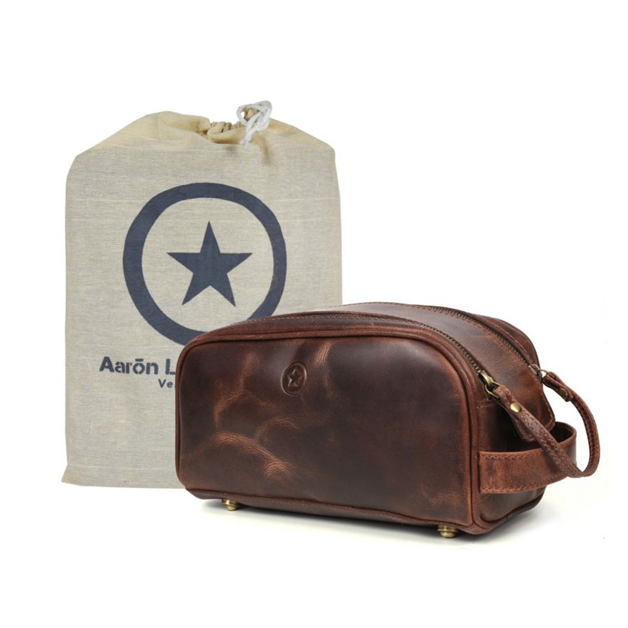 Aaron Leather Goods Vintage Leather Toiletry Travel Bag, Walnut Brown (Open Box) - VMInnovations