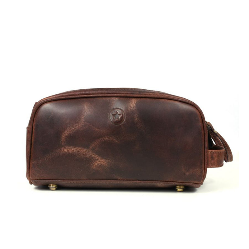 Aaron Leather Goods Omaha Vintage Leather Toiletry Travel Bag, Walnut Brown