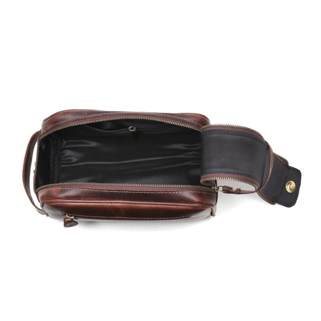 Aaron Leather Goods Vintage Leather Toiletry Travel Bag, Walnut Brown (Open Box)