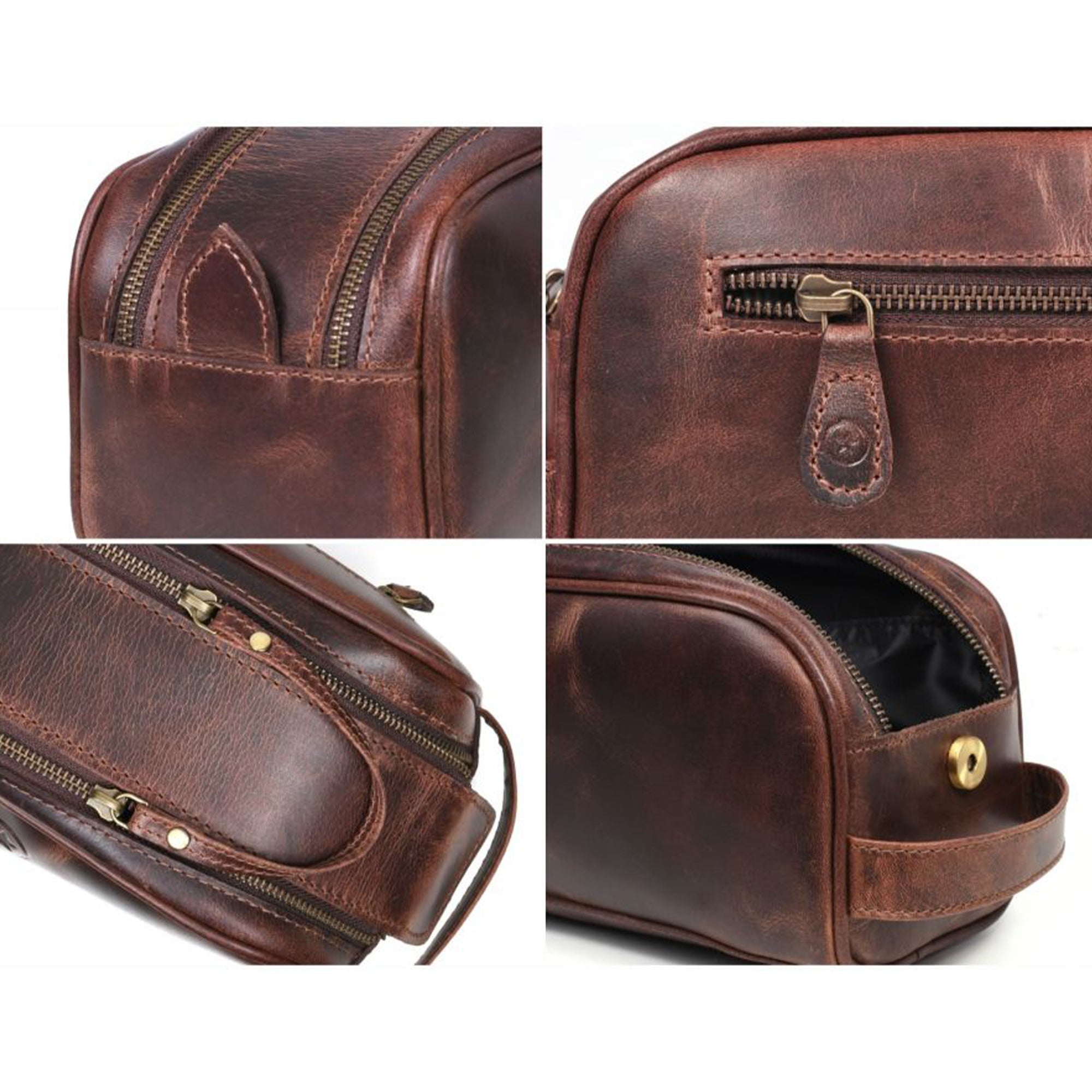 Aaron Leather Goods Vintage Leather Toiletry Travel Bag, Walnut Brown (Open Box) - VMInnovations